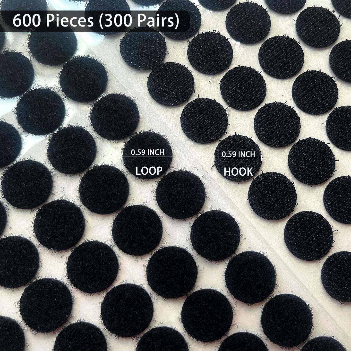 600pcs(300 Pairs) 0.59" Diameter Strong Sticky Round Nylon Dots, Hook and Loop Dots with Adhesive,Very Suitable for Classroom, Office, Home(Black)