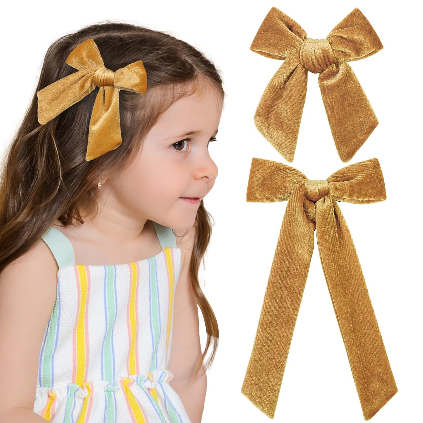 Velvet Hair Bows in 2 Sizes - 5" & 3.5" Soft Ponytail Knot Bows with Alligator Clips for Toddlers and Little Girls - Gold Hair Accessories