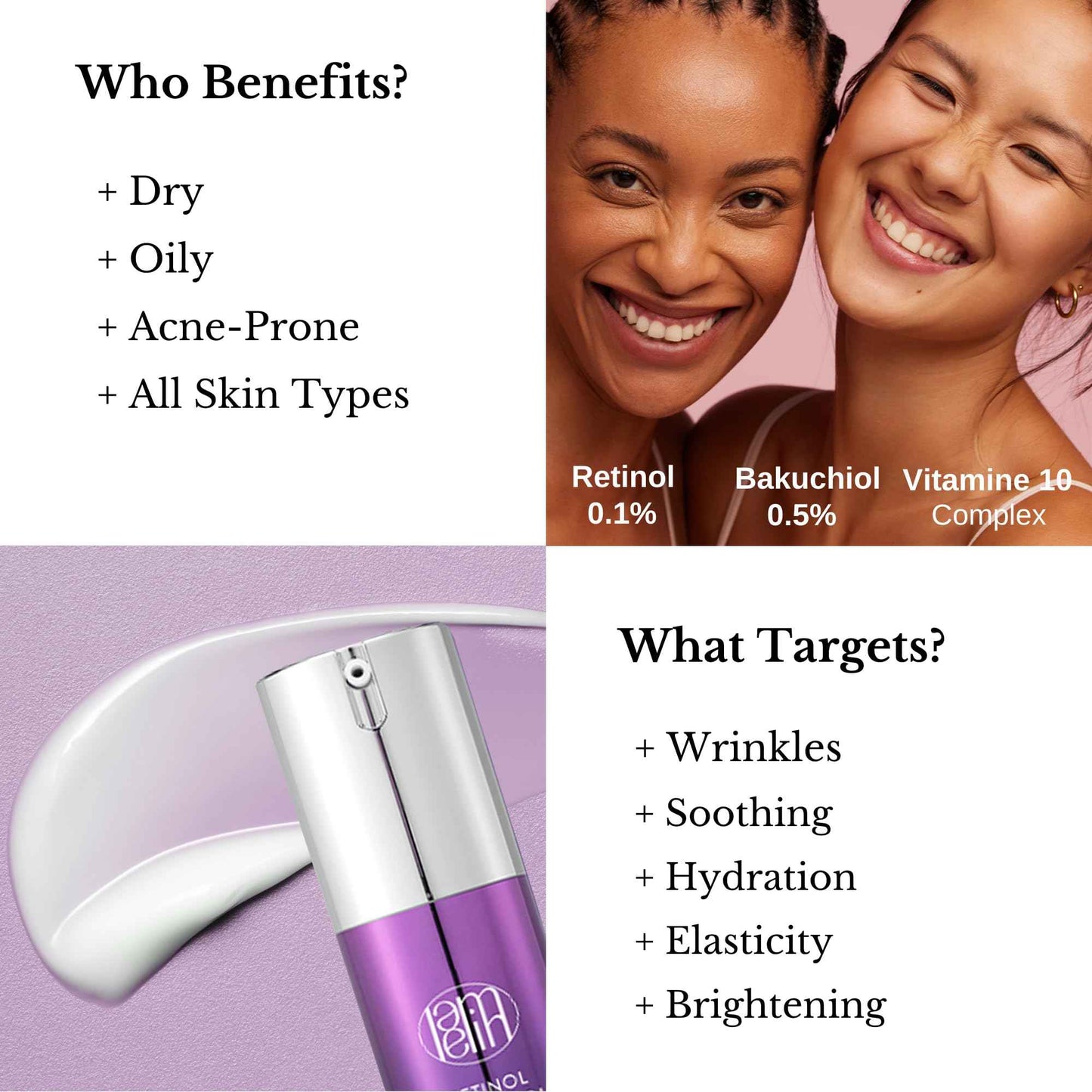 Lamelin Wrinkle Serum Cream, Retinol & Bakuchiol & Niacinamide, 10 Vitamins & Herbs, Antioxidant, Eye Bag Dark Neck Correction, Day & Night Skin Brightening, 1.76 Fl Oz. Made in Korea