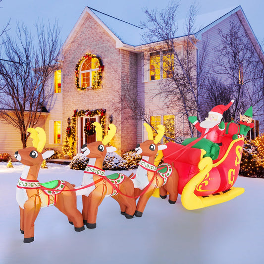 Christmas Inflatable Santa Claus on Sleigh with 3 Reindeer & Christmas Tree, Blow up Outdoor Christmas Decorations with Built-in LED Lights and Gift Bag for Outdoor Home Lawn Yard Mall Decoration