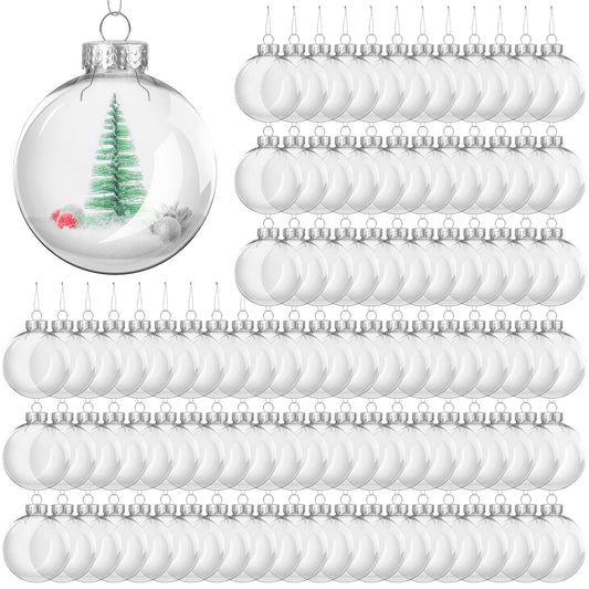 ANVAVO 100 Pieces 3.15 Inch Christmas Round Clear Plastic Ball Ornaments Bulk Removable Top Transparent Hanging Ornaments Ball DIY Fillable Clear Baubles for Xmas Tree Home Party Decor