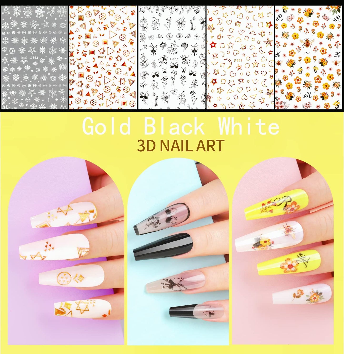 Teenitor 12 Sheets Nail Art Sticker Self-Adhesive, Flower Nail Stickers 5D Embossed Nail Decals, 5 Boxes Nail Art Glitter Sequins Flakes, Nail Art Design Tools Self Adhesive Nail Art Supplies