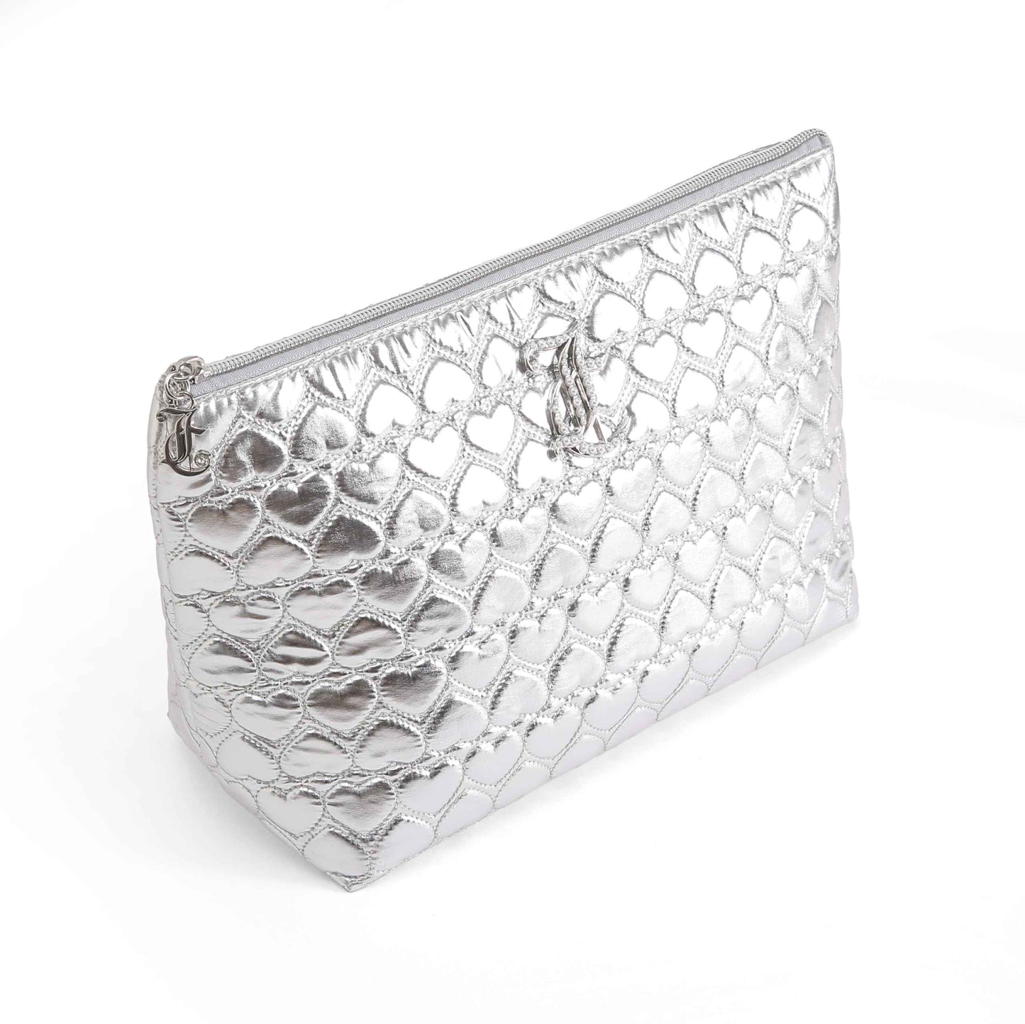 Juicy Couture Silver Makeup Bag Cosmetics Organizer Travel Essentials Top Zip Pouch Shiny Quilted Heart