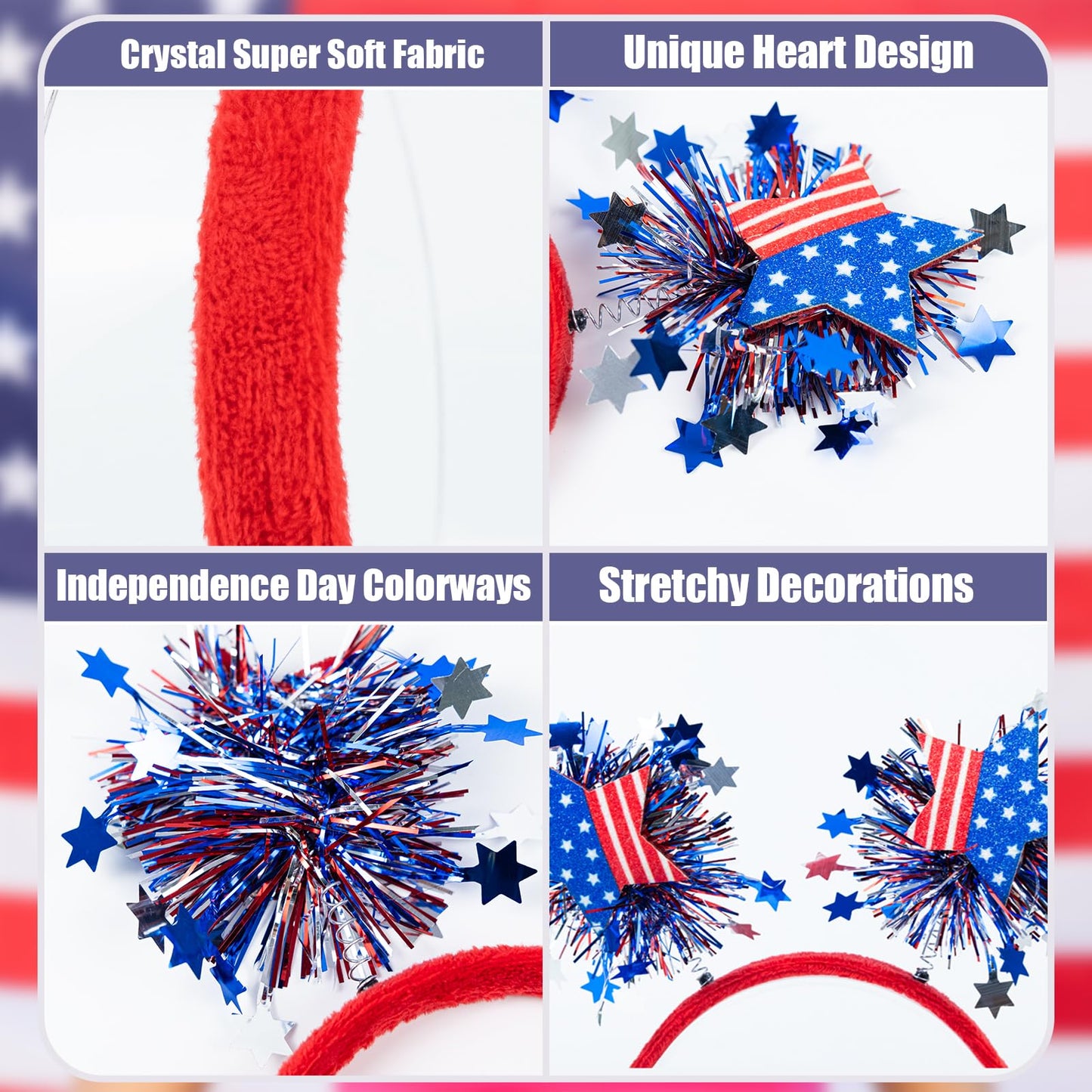 Sumkita USA Headband, 4th of July Accessories, Patriotic Headbands, Red White and Blue Star-Shaped Flag Hair Bands, Independence Day Theme Party Carnival Party Decorations 4Count