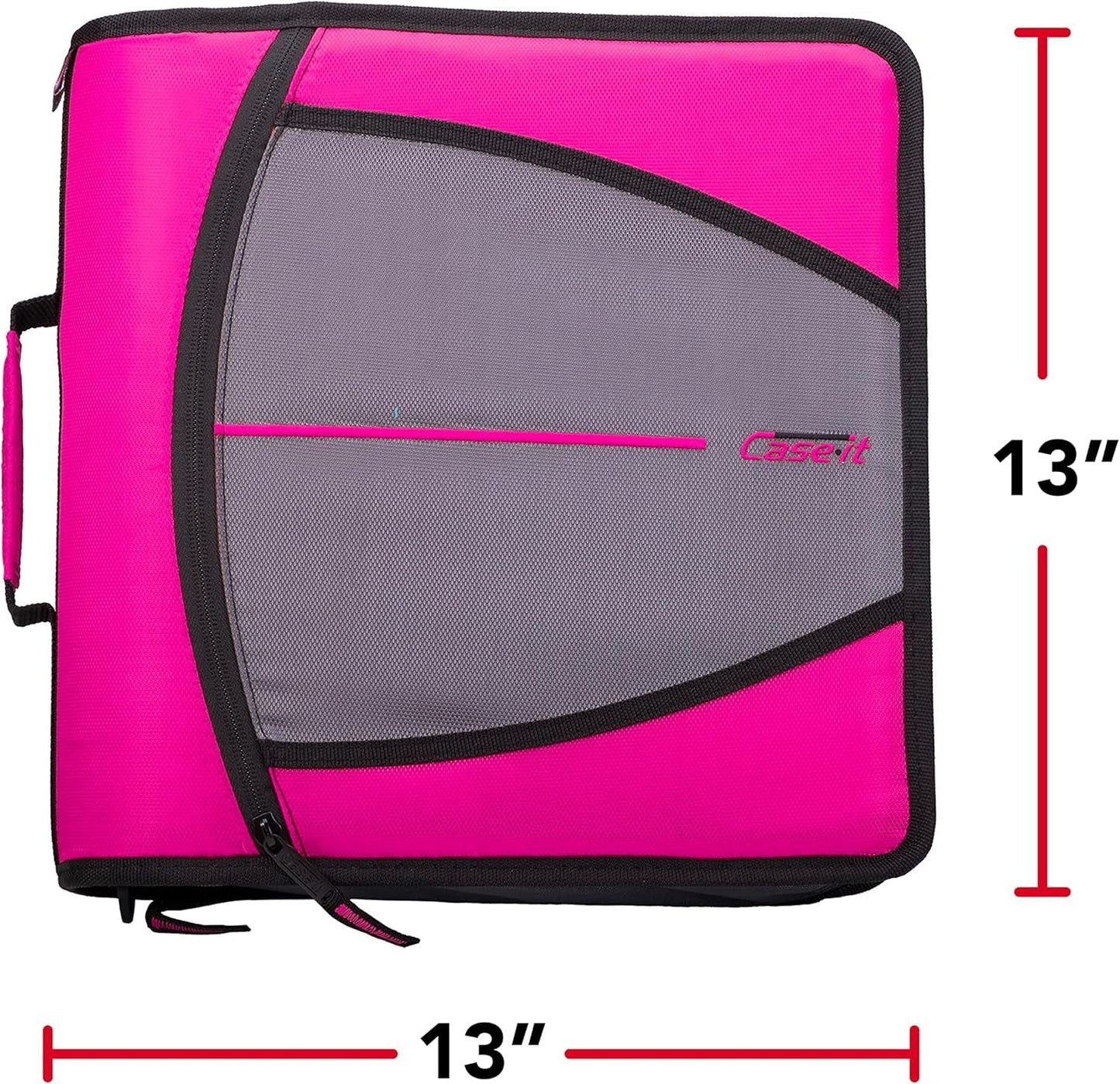 Case-it The Mighty Zip Tab Zipper Binder - 3 Inch O-Rings - 5 Color Tab Expanding File Folder - Multiple Pockets - 600 Sheet Capacity - Comes with Shoulder Strap - Magenta D-146