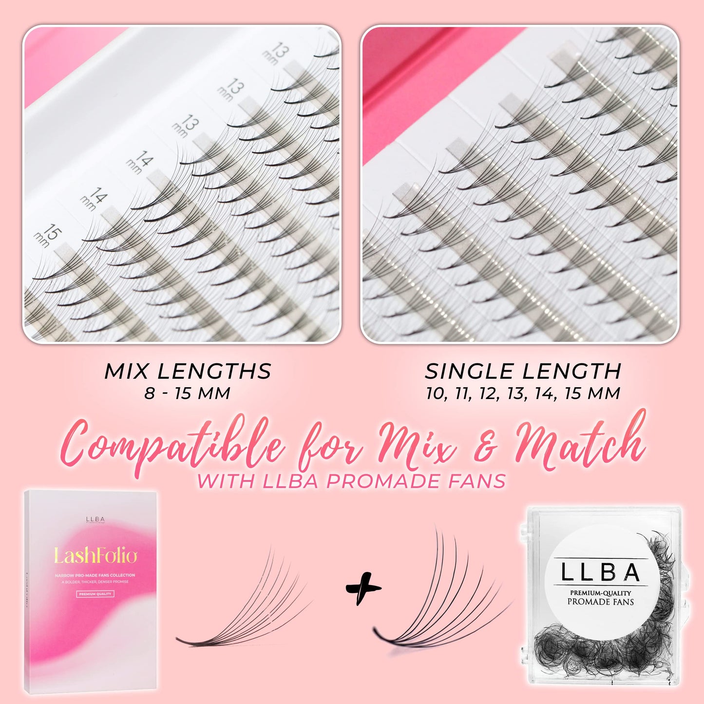 LLBA LashFolio Narrow Promade Fans | Handmade Volume Eyelashes | Multi Selections 5D~10D | C CC D Curl | Thickness 0.03~0.07mm | 8-15mm Length | Long Lasting & Easy Application (10D-0.03 CC 10mm)