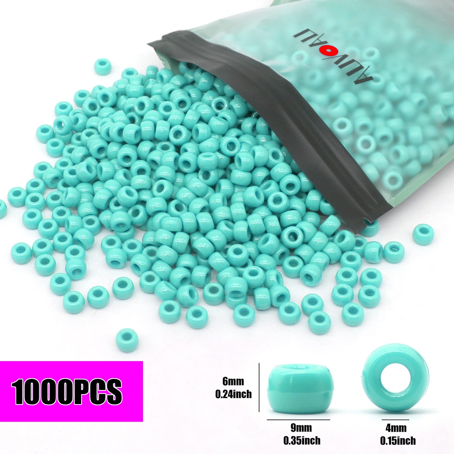 Auvoau 1000Pcs Pony Beads Bracelet 9mm Turquoise Plastic Barrel Pony Beads for Necklace,Hair Beads for Braids for Girls,Key Chain,Jewelry Making (Turquoise)