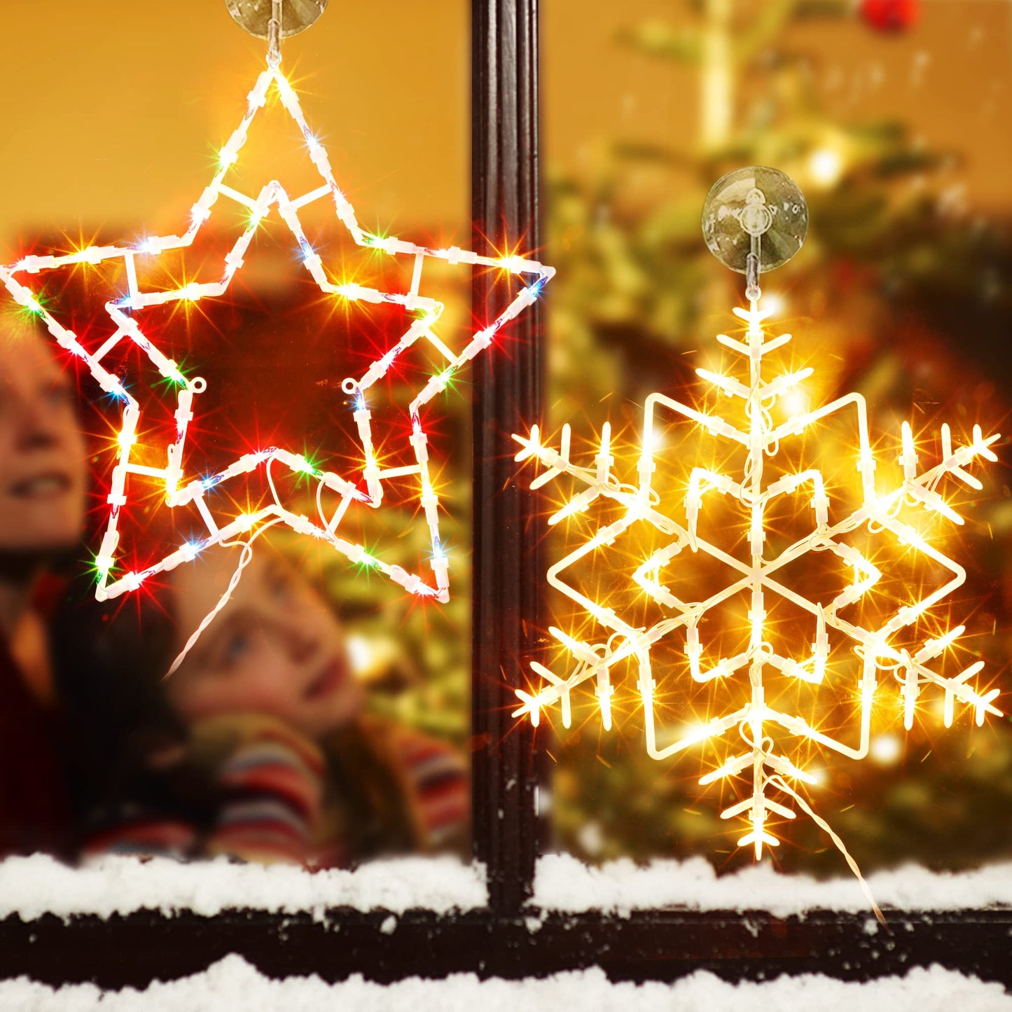 Twinkle Star 2 Pack 16" Christmas Window Silhouette Lights, Lighted Snowflake and Xmas Star Double Sided Decorations with 100 Count Incandescent Mini Light, for Holiday Indoor Wall Door Glass Décor