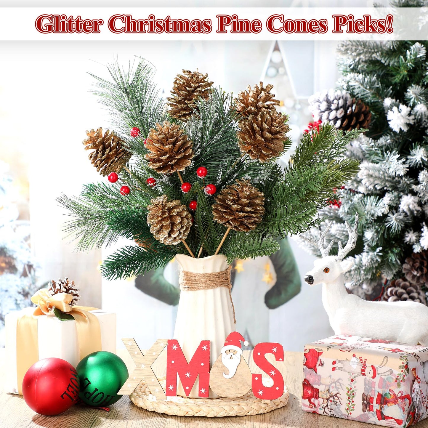 Thiccywoov 12 Pcs Christmas Pine Cones Picks Gold Glitter 2.4 x 3.15 Inches Pinecone with Wired Pick Artificial Christmas Tree Decorations Ornaments Holiday Centerpiece for Craft Garland Wreath DIY