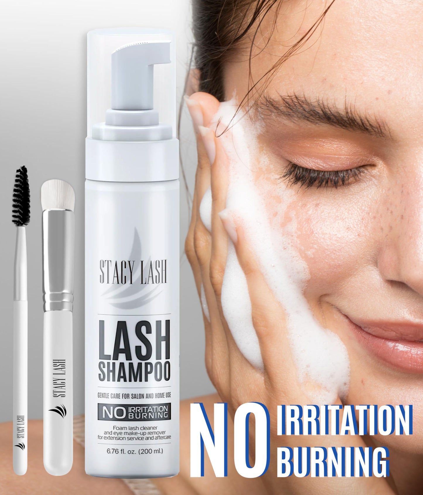 STACY LASH 6.76 fl.oz / 200ml Eyelash Extension Shampoo + Brush/Eyelid Foaming Cleanser/Wash for Extensions & Natural Lashes/Safe Makeup Remover/Supplies for Professional & Home Use