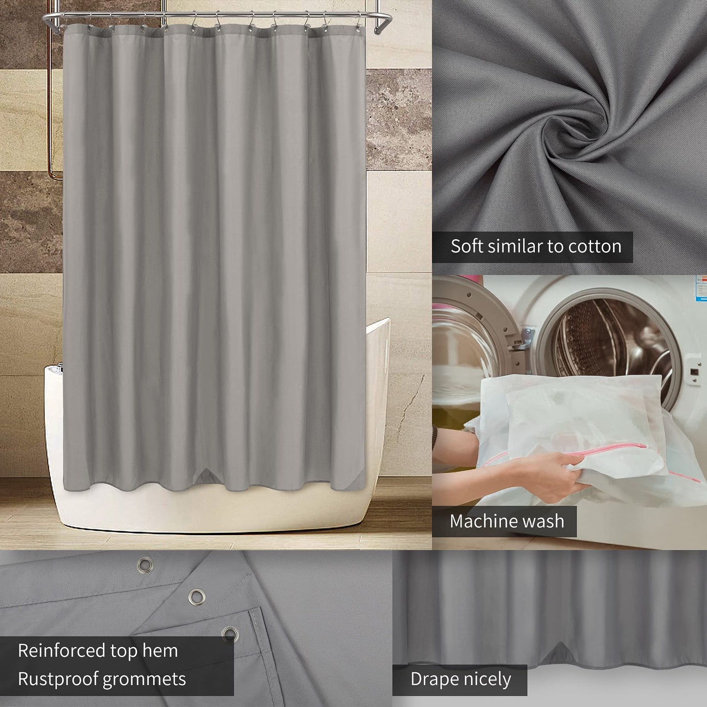 ALYVIA SPRING Waterproof Fabric Shower Curtain Liner - Soft & Light-Weight Cloth Shower Liner with Magnets, Hotel Quality & Machine Washable - Standard Size 72x72, Gray