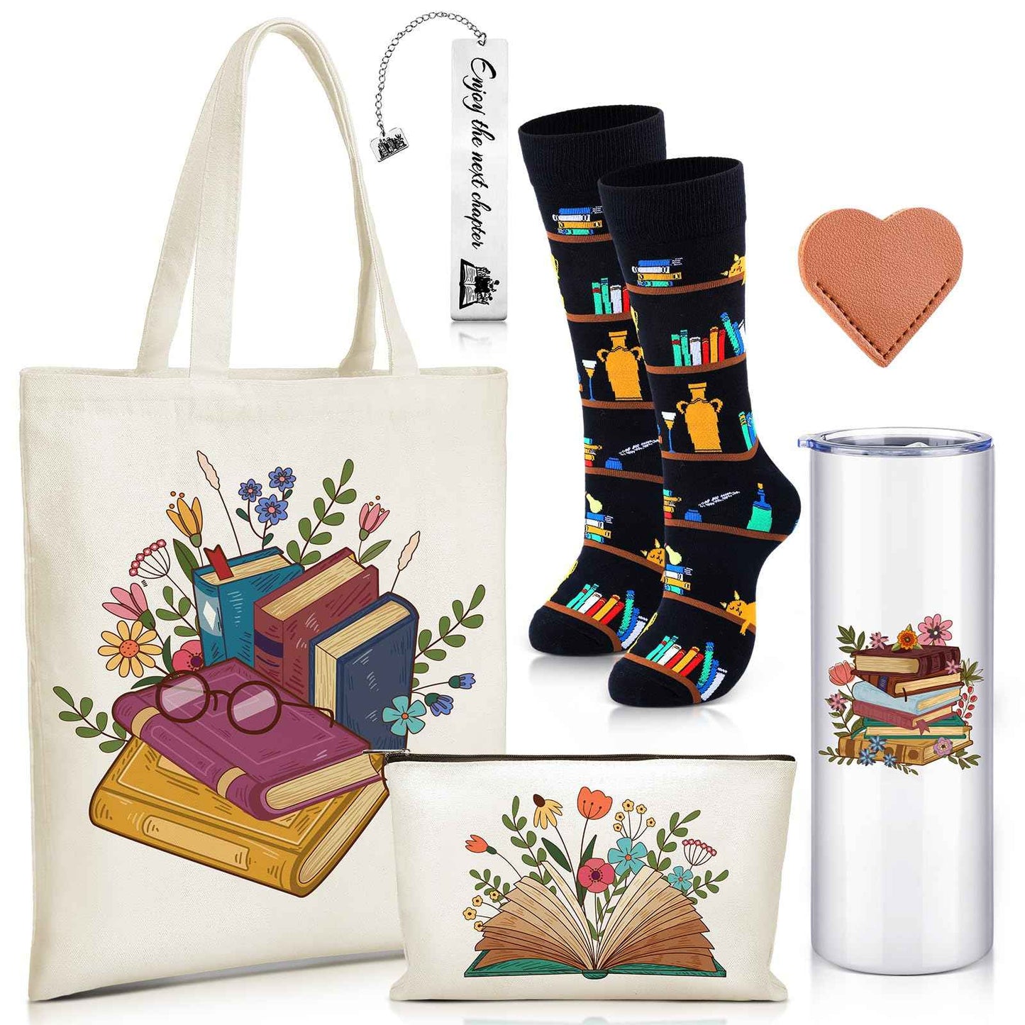 Qinyoung 6 Pcs Book Lover Gifts for Women Readers Canvas Bag Back to School Reusable Canvas Bag Tumbler Bookmark for Women Reading Librarian Bookworm Kitchen Library Club Bookish Gifts