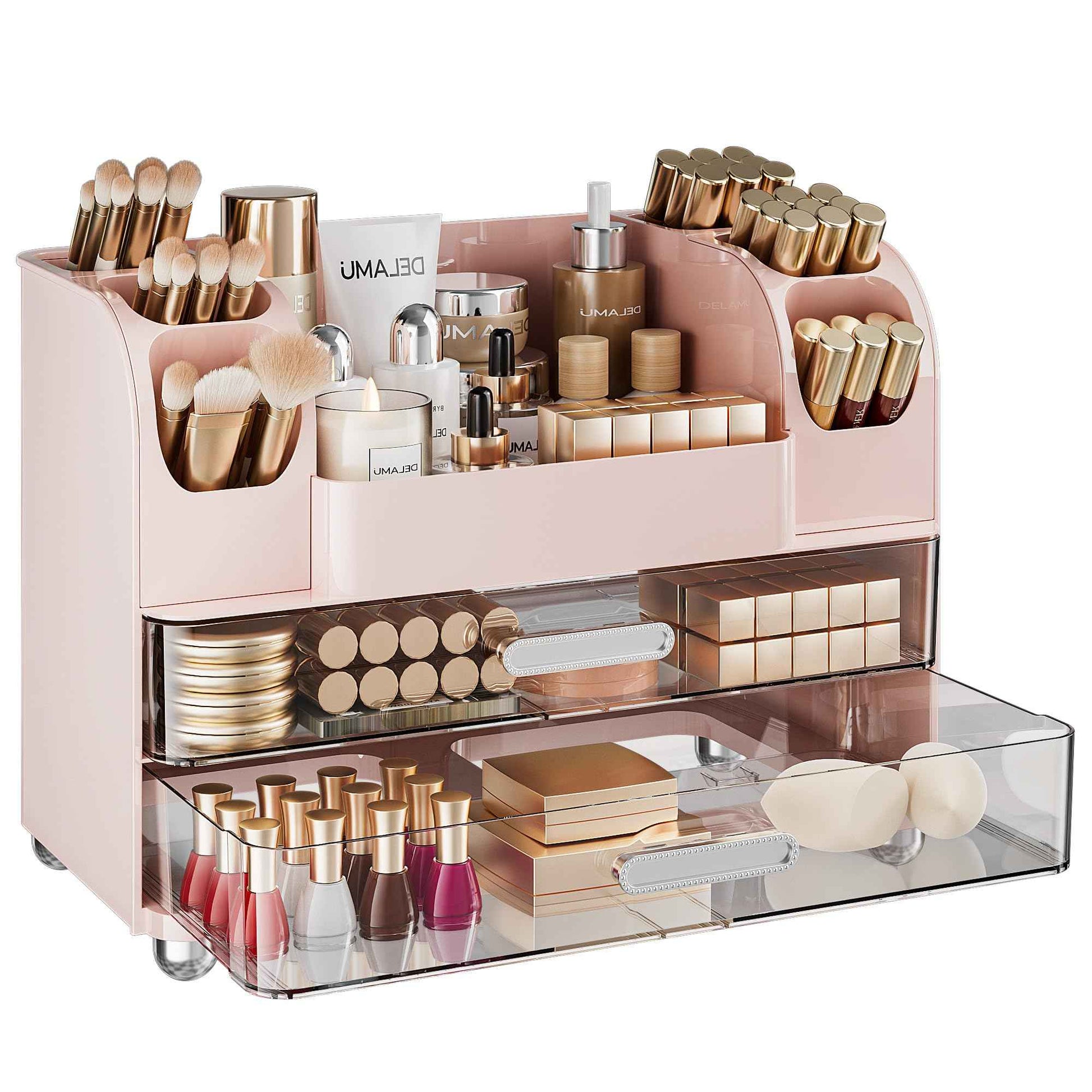 Delamu Makeup Organizer Countertop with 6 Brush Holder, Bathroom Countertop Organizer with 2 Large Drawers, Cosmetic Display Case for Vanity, Ideal Christmas Gifts for Women Girls, Pink