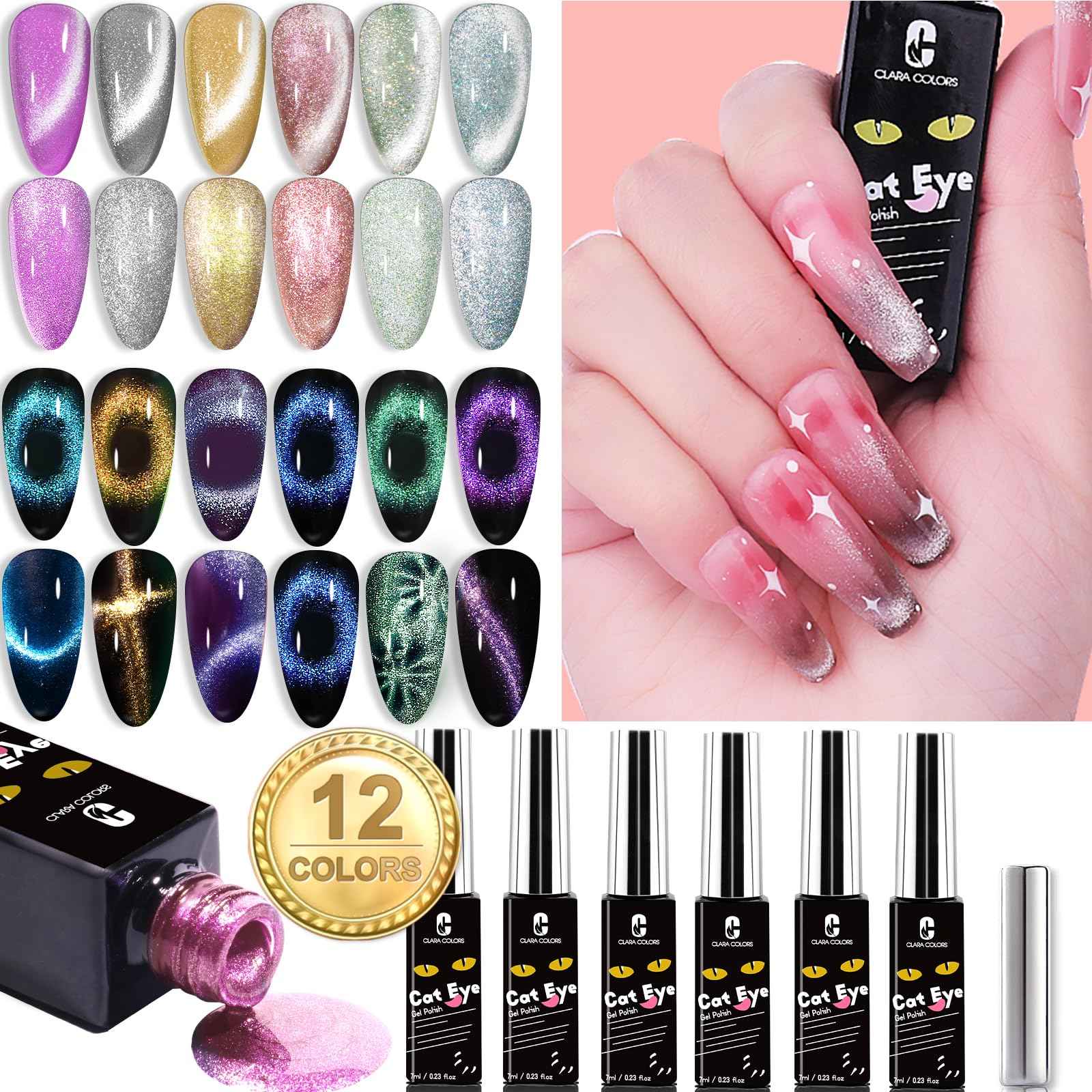 Clara Colors Cat Eye Gel Nail Polish Set - 12 Holographic Glitter Colors With Magnet, Romantic Galaxy Series, Long Lasting Soak Off UV LED