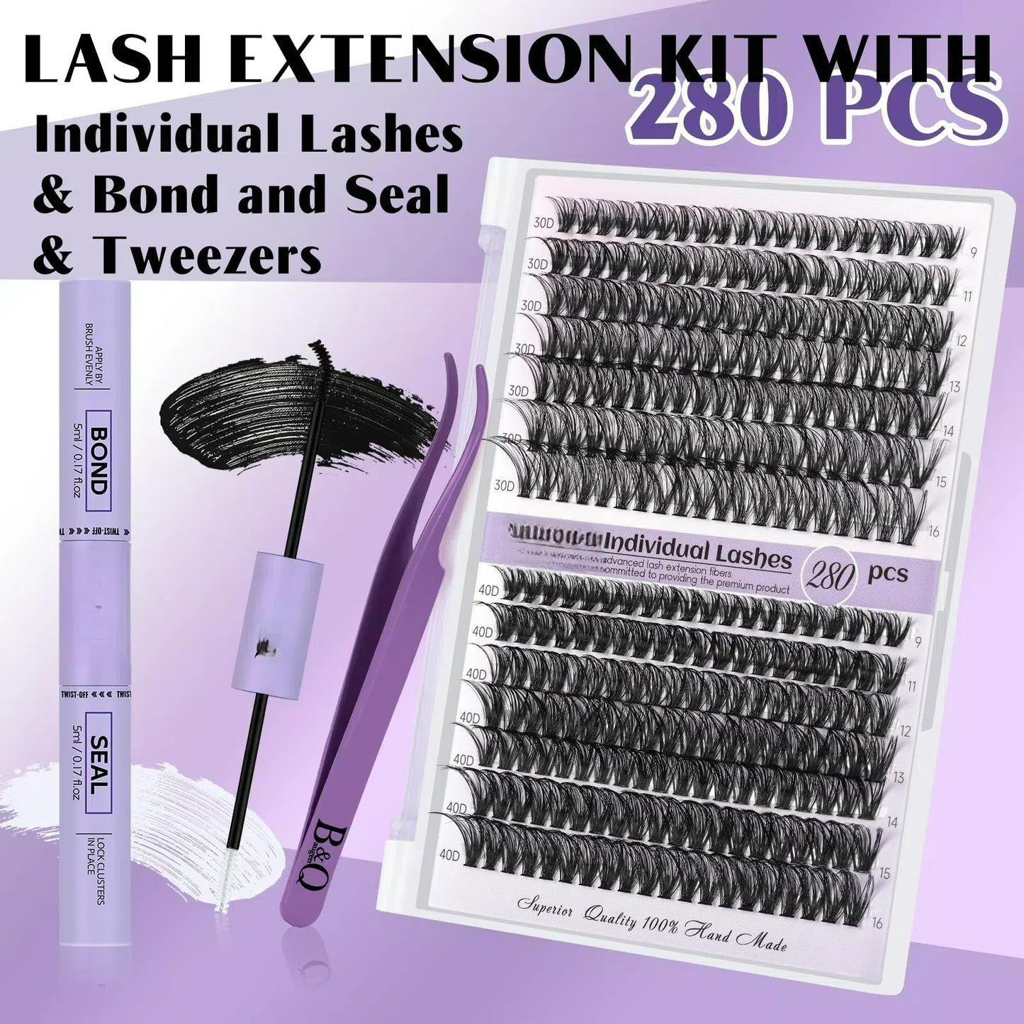 DIY Lash Extension Kit 280pcs Individual Lashes Cluster D Curl Eyelash Extension Kit Lash Clusters with Lash Bond and Seal and Lash Applicator Tool for Self Application (KIT,30D+40D-9-16MIX)