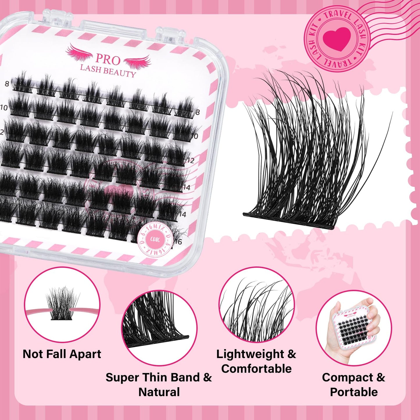 DIY Lash Extension Kit for Travel Lash Clusters Kit with 48 Pcs Lash Clusters Lash Bond and Seal Lash Remover Eyelash Applicator DIY Lash Travel Kit Convenient for Use Anywhere(Chic Kit)