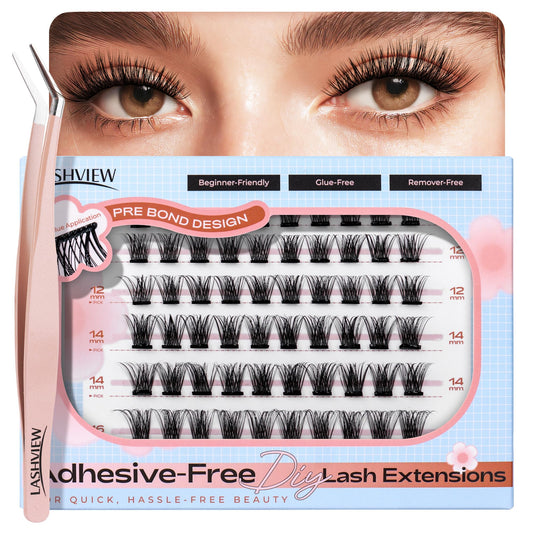 LASHVIEW Self Adhesive Eyelashes,Press On Lash Clusters Kit Pre Glued Eyelash Clusters with Applicator,No Glue No Remover Needed DIY Lash Extension Kit 10-16mm (N03 60Pcs)