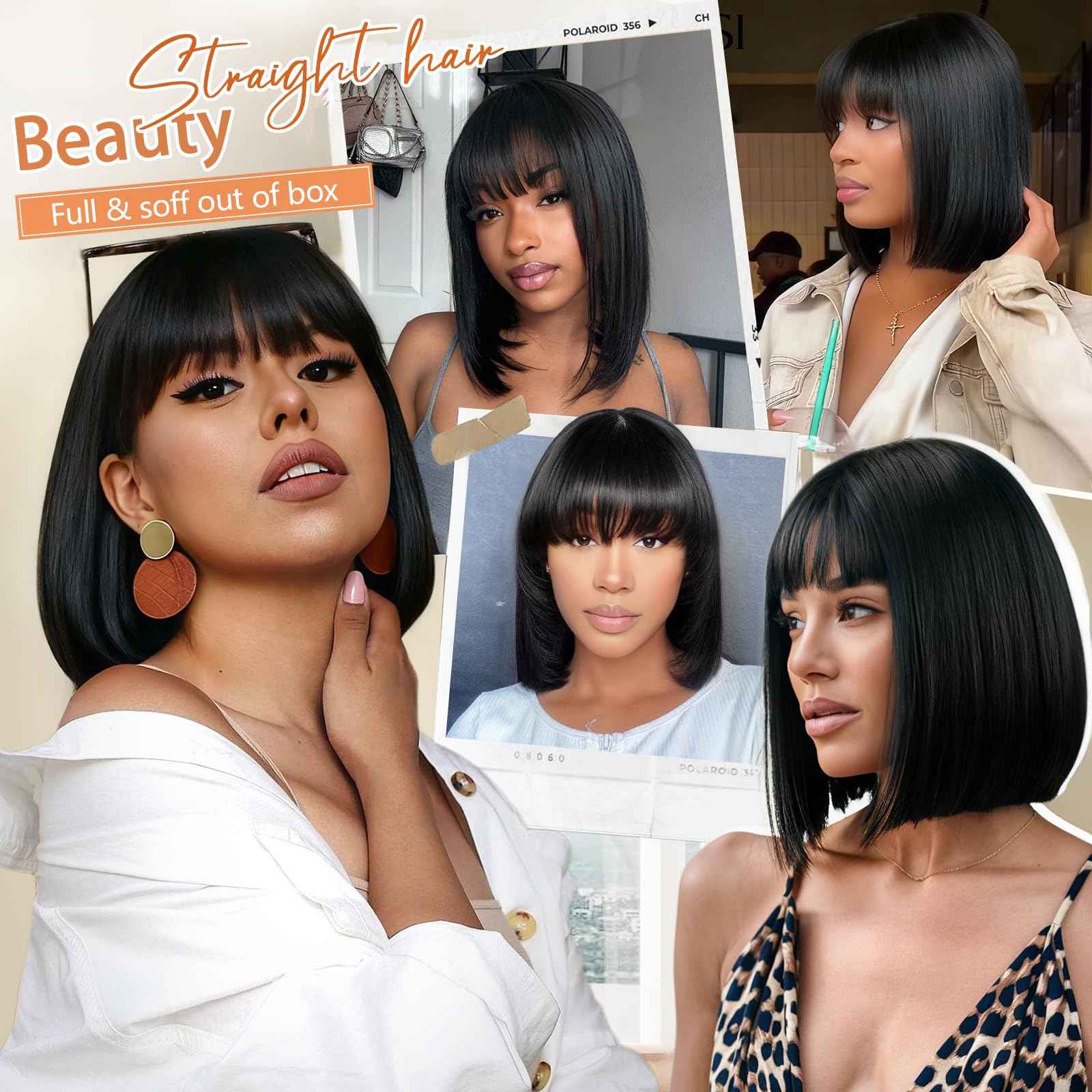 Xinjiju Black Bob Wigs Human Hair Short Wig with Bangs Straight Wigs Human Hair Glueless Wear and Go 150% Density Wigs for Women Daily Use 10 Inch