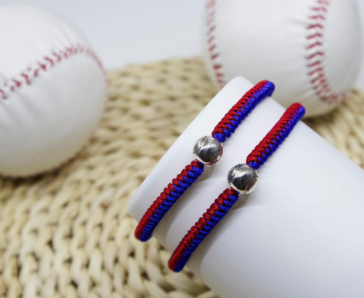 Handmade Braided Bracelets Baseball Gifts for Boys Adjustable Wristbands with Baseball Beads, Inspirational Baseball Bracelets for Girls Teens Adults (Blue Red 2PCS)