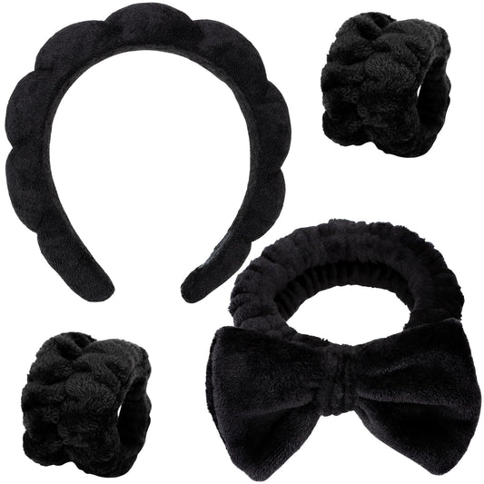 LVYOUIF 4PCS Spa Headband Hairband & Wristband Set Bow-tie Hairband with Buckled Hair Band Wrist Washband Terry Towel Cloth Headband for Washing Face Makeup Removal Skincare Black