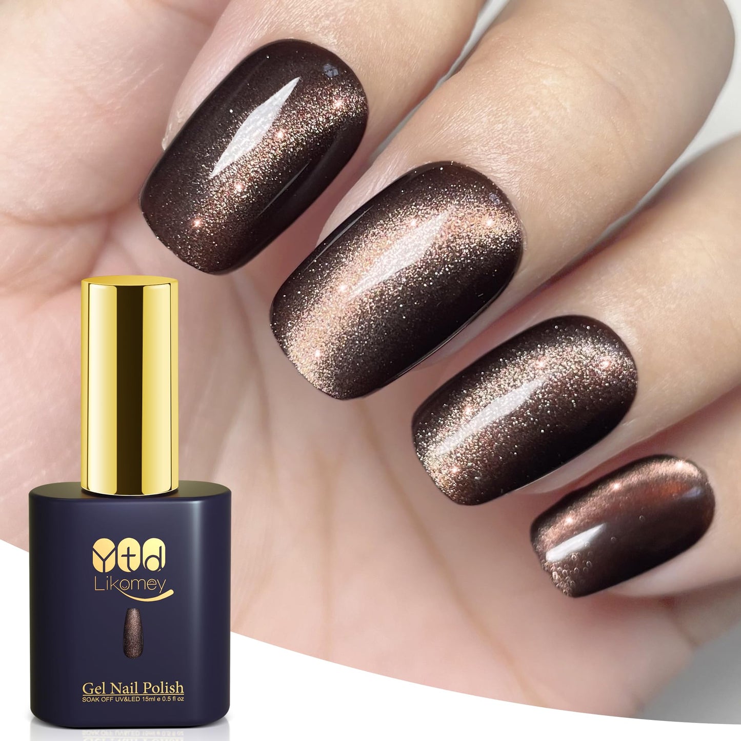 YTD Likomey Cat Eye Gel Nail Polish,15ml Brown Holographic Translucent Neutral Velvet Jelly Sheer Shiny Magnetic Gold Glitter UV Nail Gel Varnish with Magnet Stick,MY386