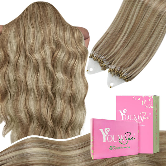 YoungSee Microbead Hair Extensions Highlight Micro Hair Extensions Real Human Hair Light Brown Highlight Blonde Micro Beads Human Hair Extensions for Short Hair 14In 50s/50g Bead Hair Extension Soft