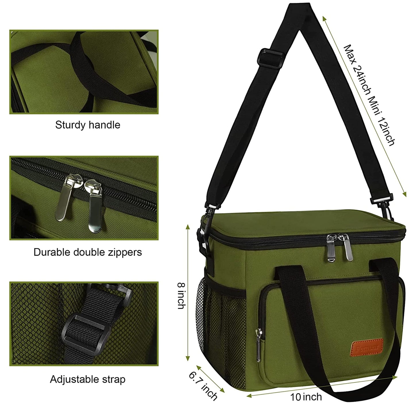 Femuar Lunch Bags for Women/Men, Insulated Lunch Bag for Work Office Picnic - Large Lunch Cooler Bag Leakproof Lunch Box with Adjustable Shoulder Strap for Adults - Army Green