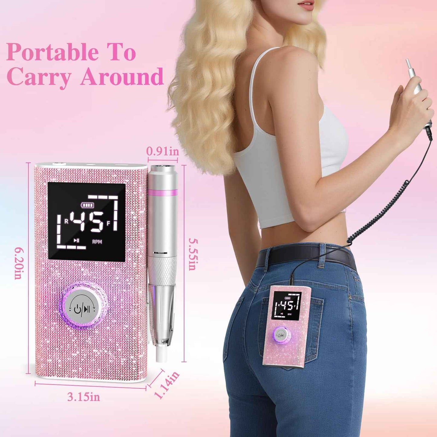 Professional Electric Nail Drill File,45000RPM Portable Machine E File with Bits & Base,Rechargeable Cordless Nail Drill Kit for Shaping,Removing & Polishing Acrylic Nails Gel for Salon Home (Pink)