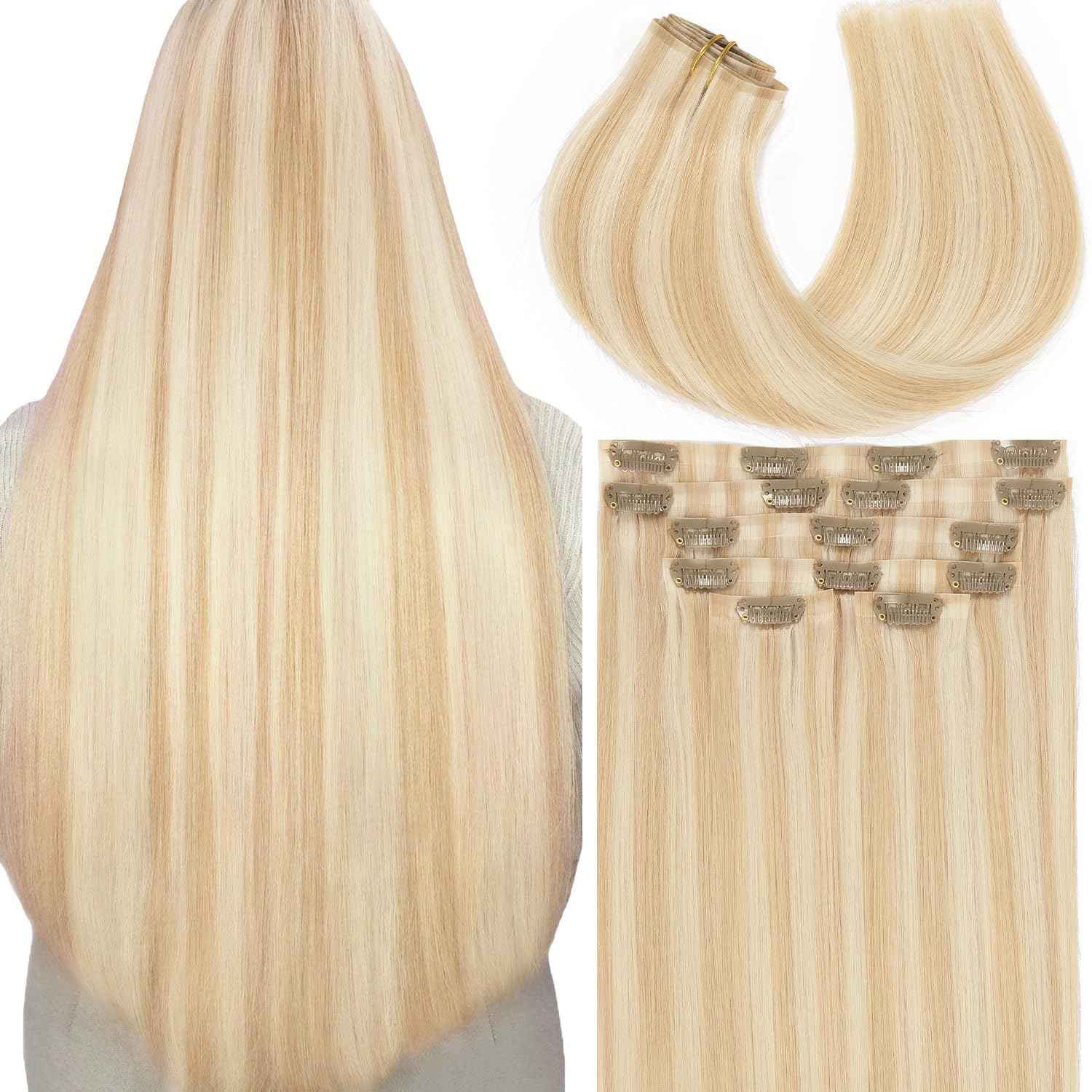 Lacer Hair 14 Inch 110g Seamless Hair Extensions Clip in Human Hair Dark Ash Blonde Mixed Platinum Blonde Invisible PU Skin Weft Straight Human Hair Highlight Color For Women