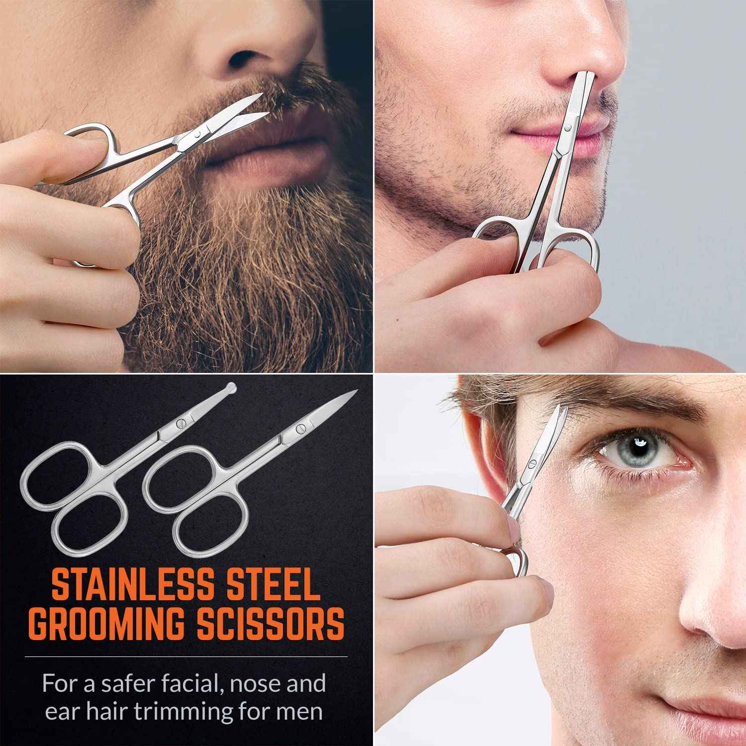 Stainless Steel Grooming Scissors - Eyebrow Scissor, Beard & Mustache Trimming Set, Small Curved & Rounded Tip Facial Hair Trimmer Kit for A Much Safer Ear, Nose Hair Clipper for Men & Travel Case