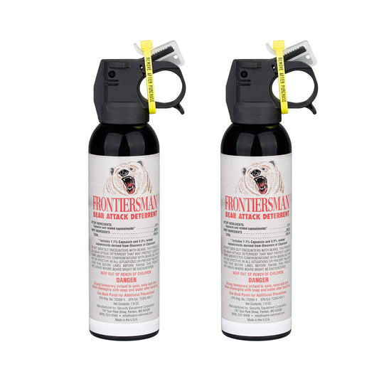 SABRE Frontiersman 7.9 fl oz. Bear Spray, Maximum Strength 2.0% Major Capsaicinoids, Powerful 30 ft. Range Bear Deterrent, Outdoor Camping & Hiking Protection, Quick Draw Holster & Multipack Options