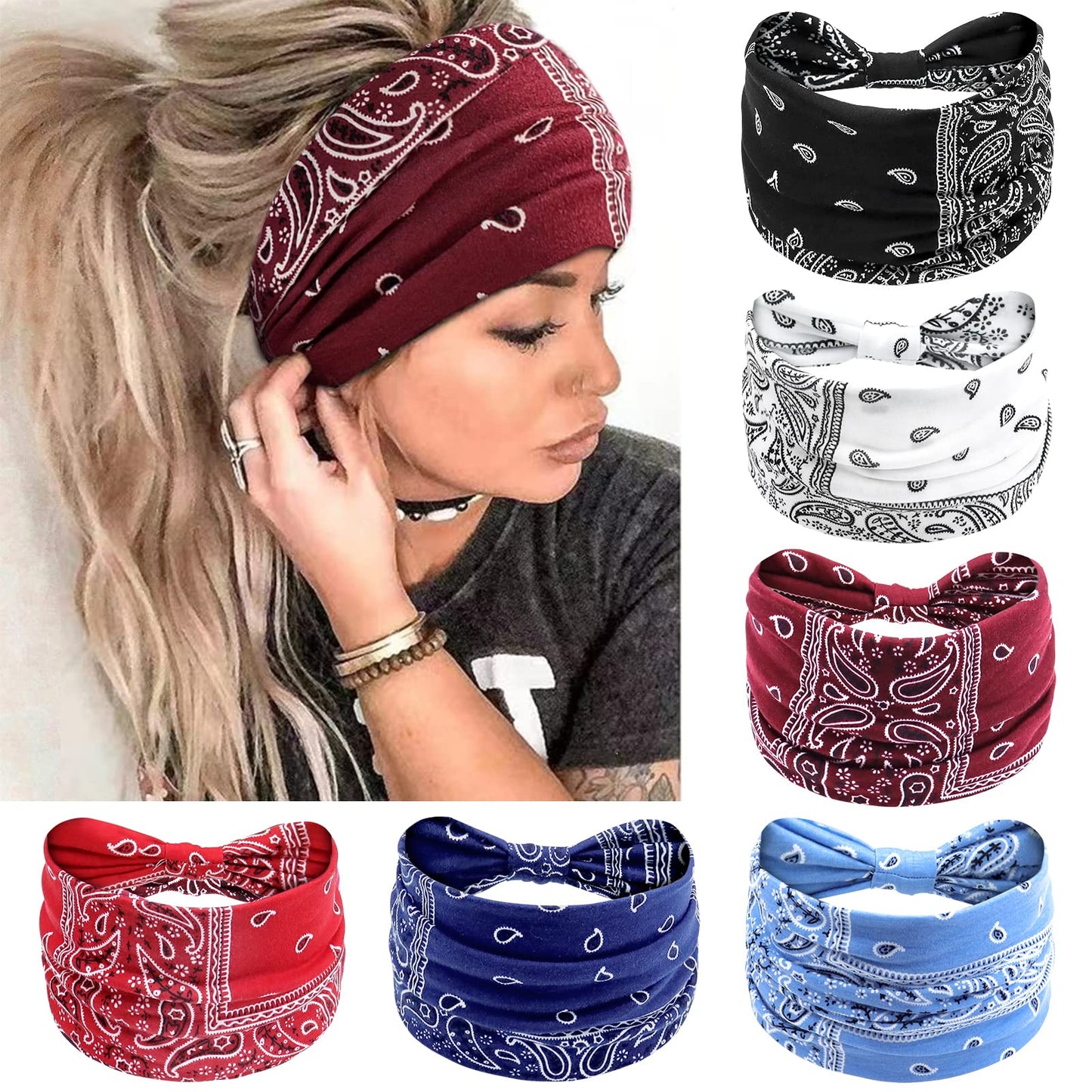 AWUMBUK Wide Headbands for Women Knotted No Slip Head Bands Soft Turban Headband Hair Accessories Boho African Solid Color Head Wraps for Women Yoga Workout Pack of 6(Boho)