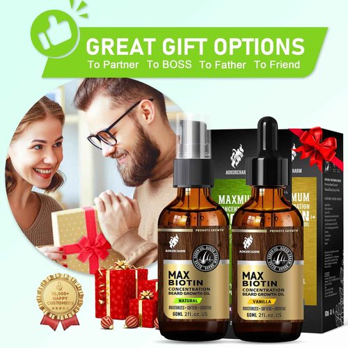 aokur 2 Pack Beard Growth Oil for Men – Vanilla & Unscented – High Strength Biotin Serum – Softens, Strengthens & Boosts Beard Growth – Gift Set for Father’s Day, Anniversaries & Christmas