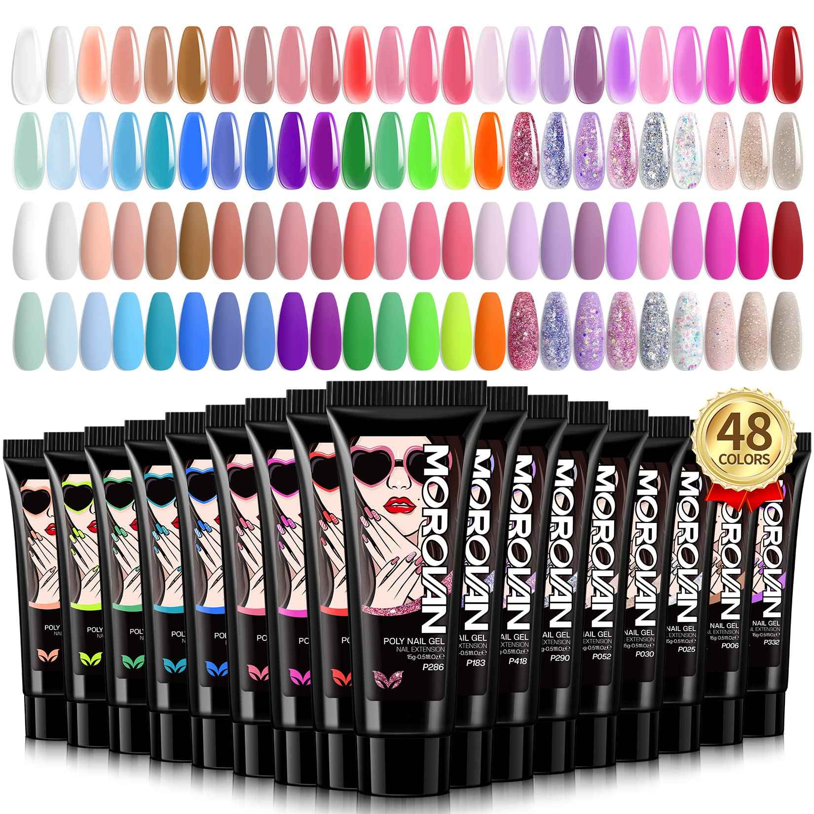 Morovan Poly Gel Nail Set: 48 Color Gel Extension Nails - Trendy Art Designs with Pure & Glitter Finish