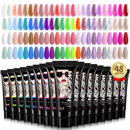 Morovan Poly Gel Nail Set: 48 Color Gel Extension Nails - Trendy Art Designs with Pure & Glitter Finish