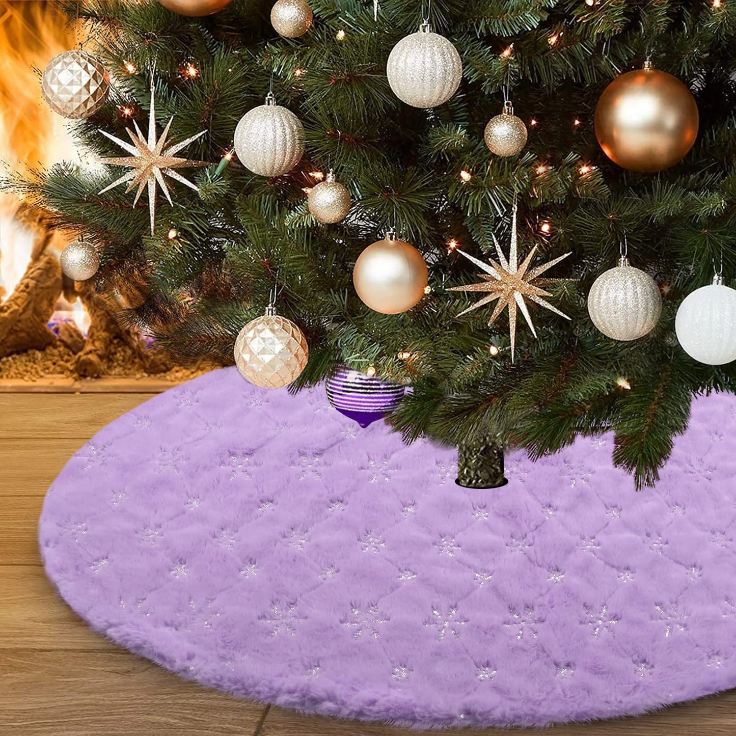 yuboo Purple Faux Fur Christmas Tree Skirt with Silver Snowflakes, 48 Inches Lavender Xmas Tree Mat for Purple Christmas Decorations&Ornaments