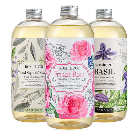 ROMIIE ZOI Liquid Hand Soap Refill, Basil, Gentle & Moisturizing Formula, 750 ML/ 26 FL OZ - Variety Pack of 3(Basil,Rose,Wood Sage & Sea Salt)