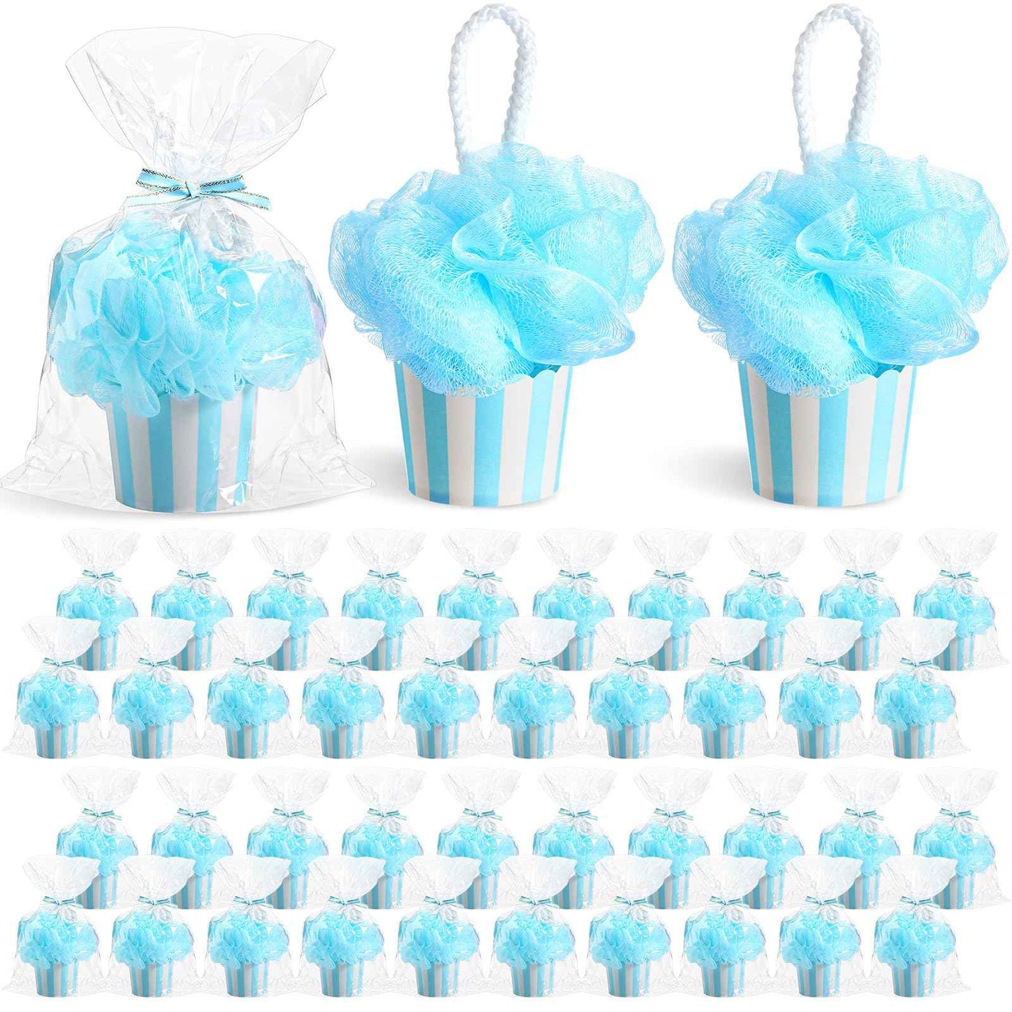 50 Set Baby Shower Loofahs Party Favors for Guests Include Bath Sponge Loofahs with Cupcake Gift Packaging Bow and Clear Plastic Bags for Baptism Gender Reveal Birthday Wedding Stuffers (Blue)