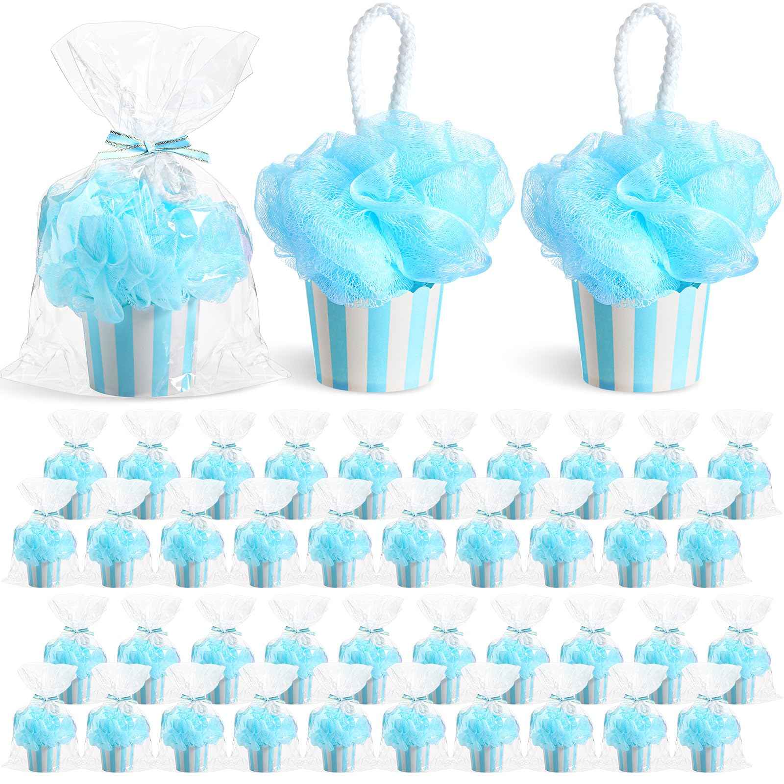 50 Set Baby Shower Loofahs Party Favors for Guests Include Bath Sponge Loofahs with Cupcake Gift Packaging Bow and Clear Plastic Bags for Baptism Gender Reveal Birthday Wedding Stuffers (Blue)