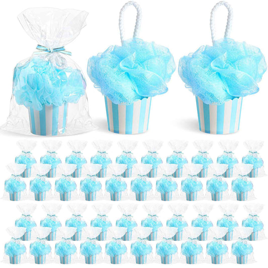50 Set Baby Shower Loofahs Party Favors for Guests Include Bath Sponge Loofahs with Cupcake Gift Packaging Bow and Clear Plastic Bags for Baptism Gender Reveal Birthday Wedding Stuffers (Blue)