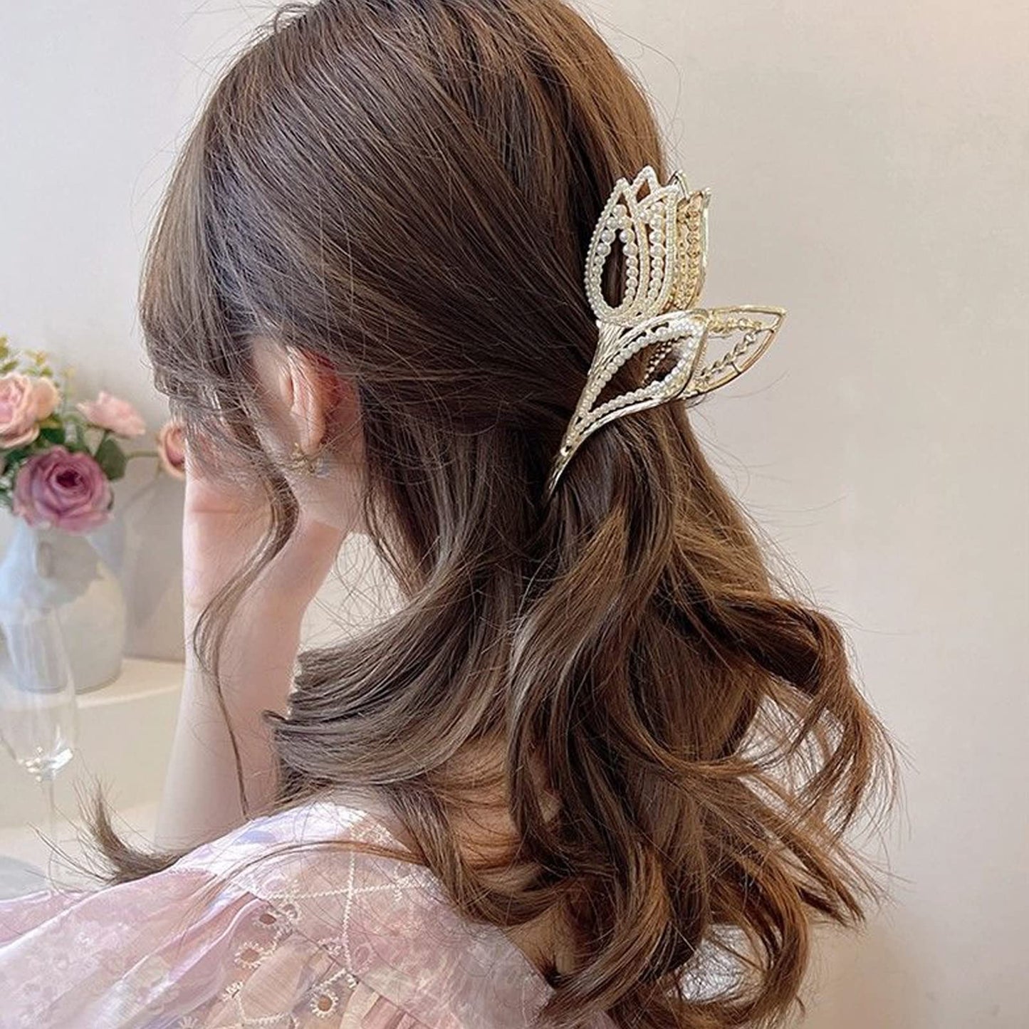 Hair Claw Clip, 3PCS Cute Metal Flower Shark Clip Non Slip Hair Clamp Hair Accessories for Women Girls (Pearltulip-3PCS)