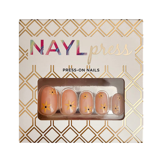 Naylpress Press On Nails - Creme Fluer | Yellow Flower Short Round Nails, Reusable | 12 Sizes, 24 Nail Kit