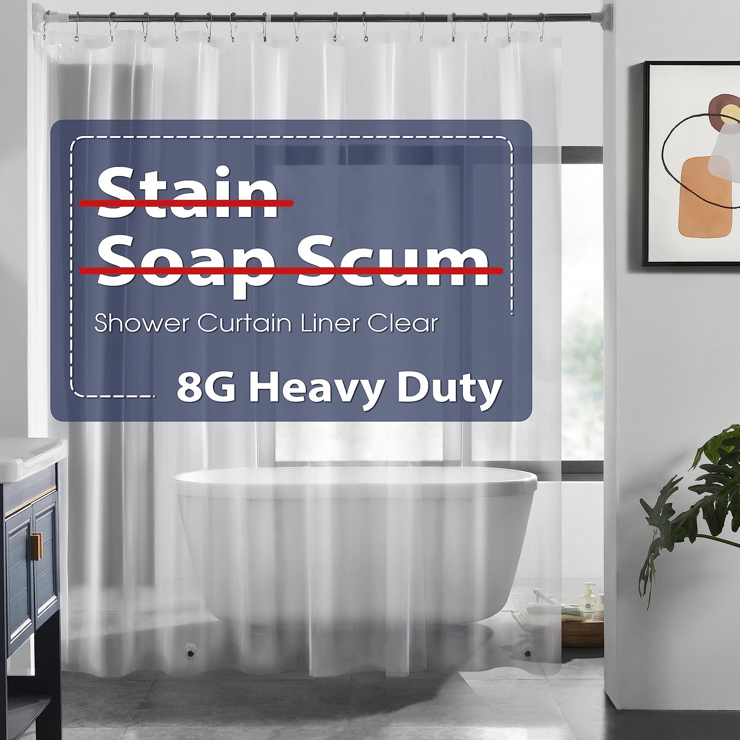 Pack 8G Heavy Duty Clear Shower Curtain Liner - 72" x 72" Weighted Shower Liner for Bathroom (8G Clear, 3PCS)