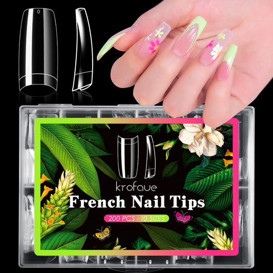 krofaue Clear False Nails Tips - French Nail Tips 200PCS Half Cover Nails French Lady Soft Gel Style Manicure with Box of 10 Sizes for Professional Nail Salons and Extensions Home DIY