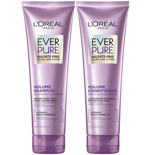 L'Oreal Paris Volume Sulfate Free Shampoo and Conditioner for Color-Treated Hair, EverPure, 8.5 Fl Oz (Set of 2)