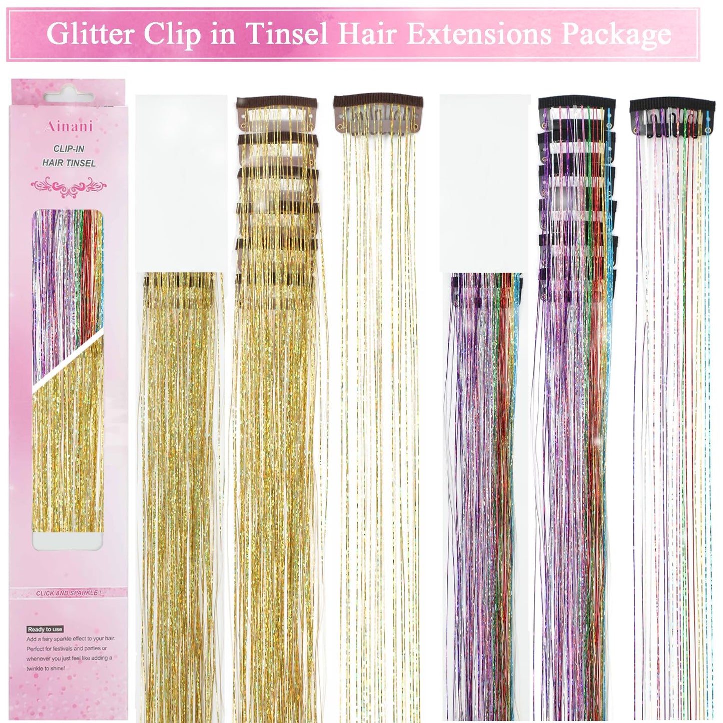 Ainani 12Pcs Hair Tinsel Clip in 20Inch Fairy Hair Clip in Hair Tinsel Glitter Tinsel Hair Extensions Heat Resistant Shinny Sparkly Hair Accessories for Girls Women Kids (Gold 6Pcs & Colorful 6Pcs)