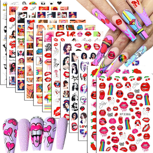 12Sheets Bad Girl Nail Art Stickers Self-Adhesive Sticker Sexy Lips Rose Bear Transfer Decals and Beautiful Girl Cartoon Design Nail Art Stickers Nail Art for Women Supplies Charms Decorations