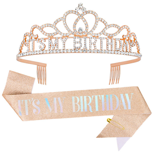 BAHABY Birthday Crown for Women It's My Birthday Sash & Rhinestone Tiara Set Princess Birthday Sash and Tiara for Women Birthday Decorations Rhinestone Headband for Women Girls (Rose Gold)