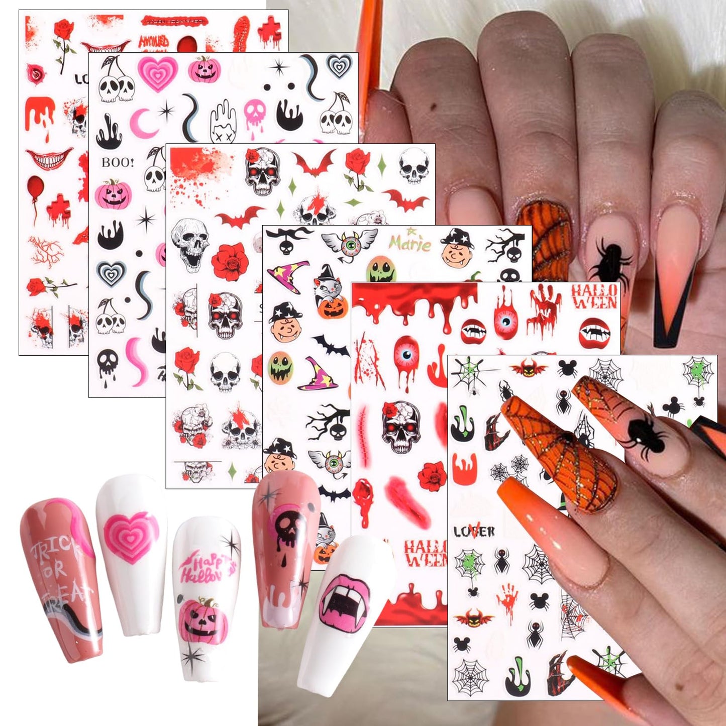 6 Sheets Ghost Halloween Nail Art Stickers Decals Skull Pumpkin Bat Nail Decals 3D Self-Adhesive Red Blood Drop Scar Design Nail Art Stickers Halloween Party Nail Supplies for Women Girls Manicure