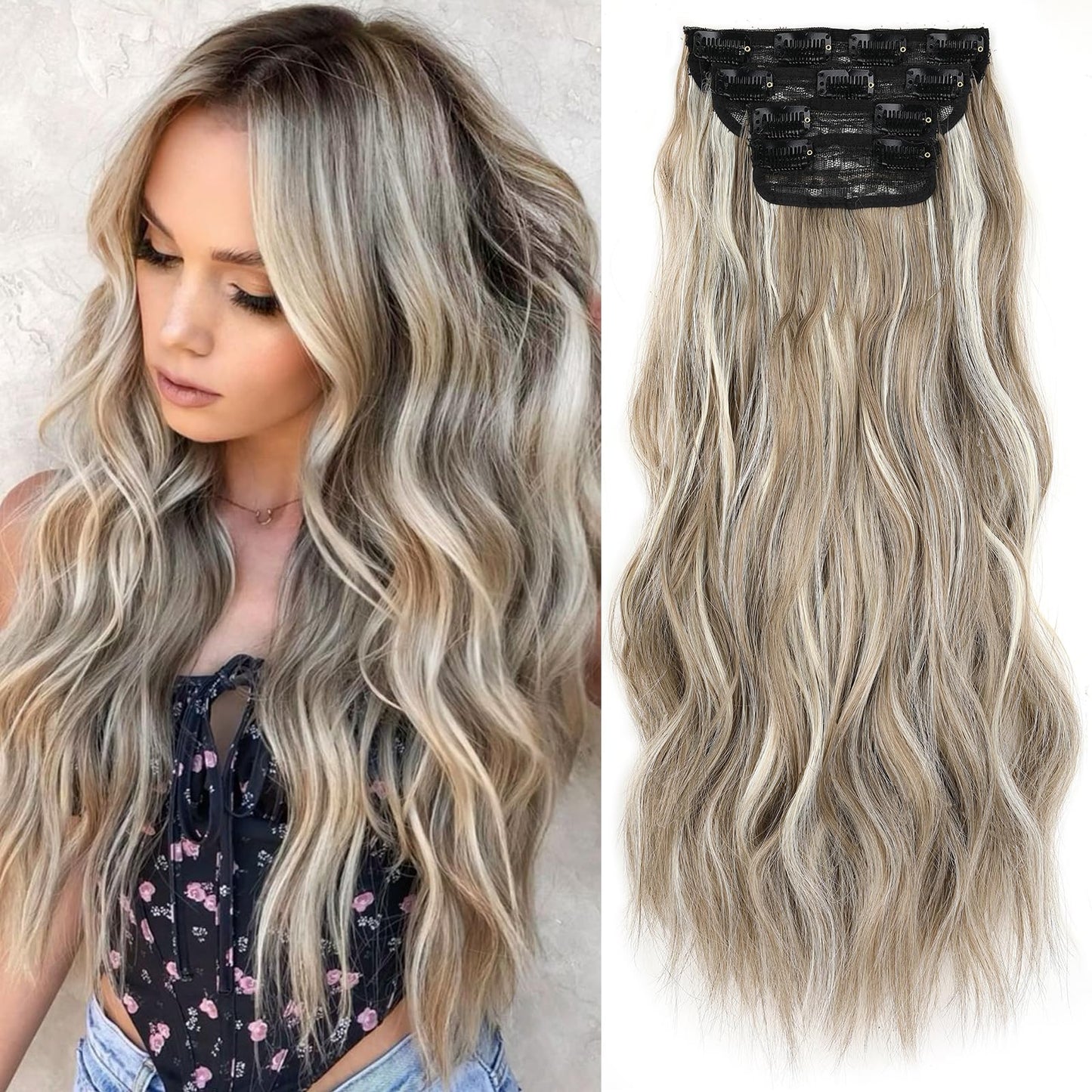 ZRQ Clip in Hair Extensions 20 In Long Wavy Ash Brown with BlondeHair Extensions Clip in 4Pcs Thick Soft Synthetic Clip in Hairpieces for Women Girls #12H613